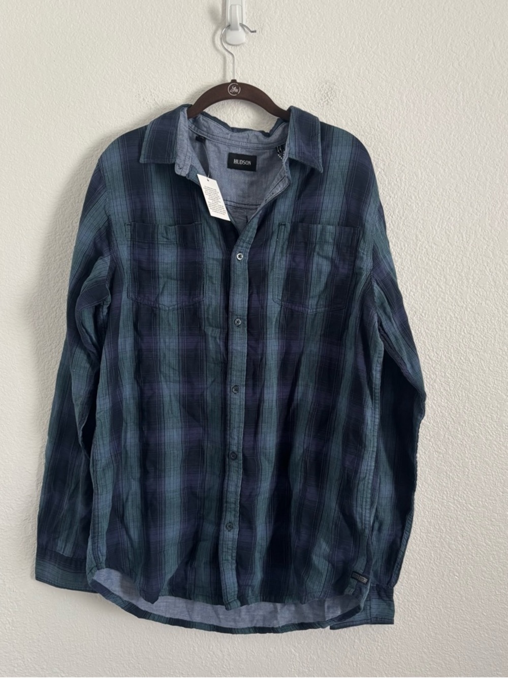 NWT Hudson Men's Size Large Blue Plaid Long Sleeve Button Down Shirt